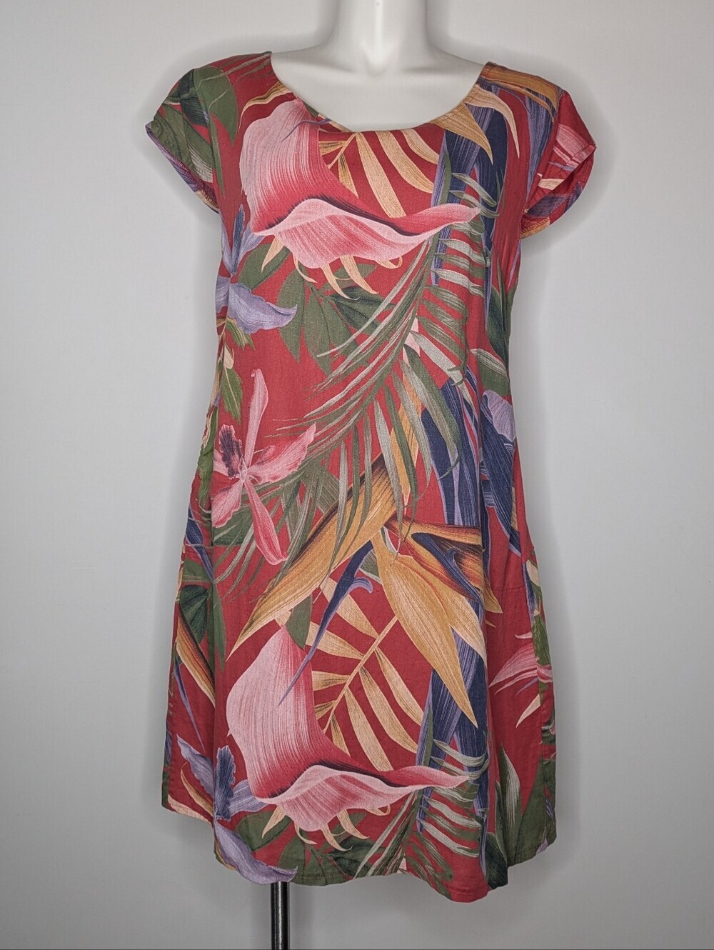 Kaktus Red Green Tropical Floral Linen & Cotton Short Sleeve Dress 2X
